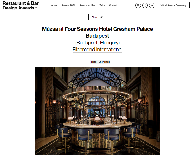 Múzsa at Four Seasons Gresham Palace, Budapest shortlisted for the 2021 Restaurant & Bar Design Awards in the Hotel category!