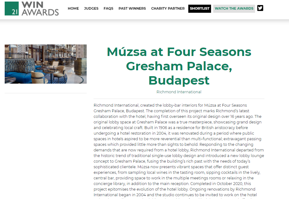 WIN Awards 2021 Finalist - Múzsa at Four Seasons Gresham Palace, Budapest